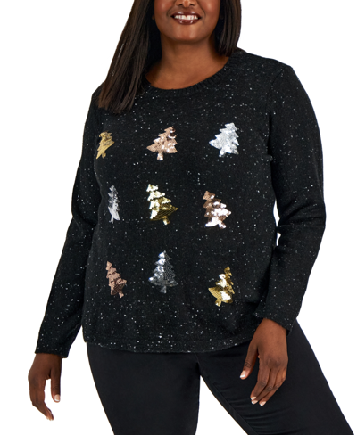 Karen Scott Plus Size Sequin-tree Sweater, Created For Macy's In Black Neps