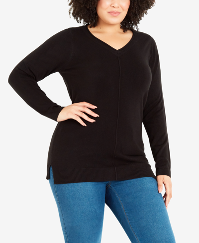 Avenue Plus Size Waffle Knit V-neck Jumper Sweater In Black