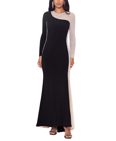 Xscape Petite Boat-neck Long-sleeve Colorblocked Gown In Black,nude,silver