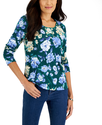 Karen Scott Women's Long-sleeve Rose Print Top, Created For Macy's In Marine Green