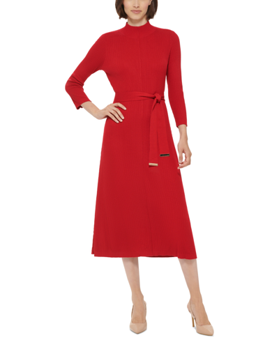 calvin klein sweater dress Long Sleeve Accentuated with ribbed texture throughout Calvin Klein Ribbed-knit Belted Sweater