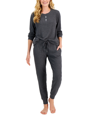 Alfani Thermal Henley Pajama Set, Created For Macy's In Charcoal Heather