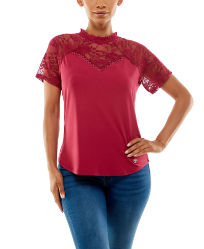 Adrienne Vittadini Women's Elbow Sleeve Ruffle Neck Top With Lace Yoke In Sangria