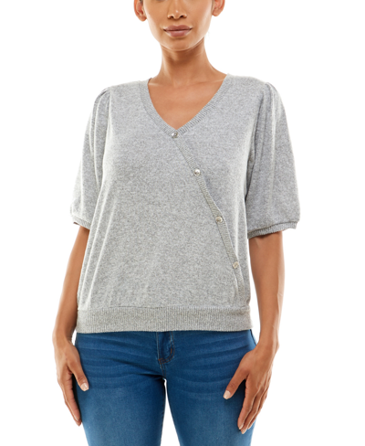 Adrienne Vittadini Women's Elbow Sleeve Faux Wrap Knit Top With Button Trim In Heather Gray