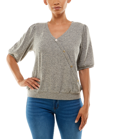 Adrienne Vittadini Women's Elbow Sleeve Faux Wrap Knit Top With Button Trim In Doeskin