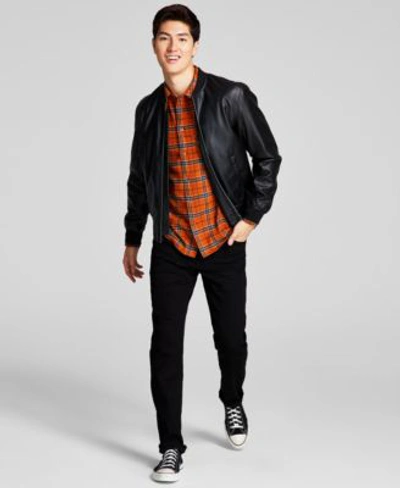 And Now This Now This Mens Slim Fit Stretch Jeans Faux Leather Bomber Jacket Plaid Brushed Flannel Shirt In Black