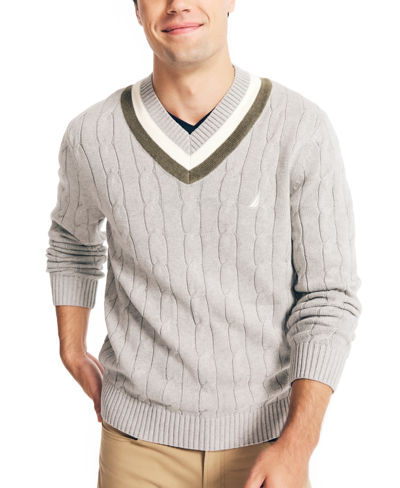 Nautica Men's Cable-knit V-neck Varsity Cricket Sweater In Grey Heather