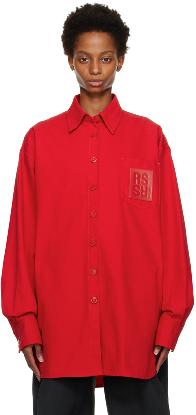 Raf Simons Logo Patch Asymmetric Denim Shirt In Red