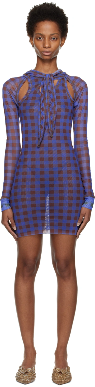 Ottolinger Blue Hooded Minidress In Electric Gingham