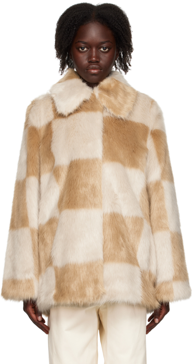 Stand Studio Nani Checkboard Faux-fur Jacket In Beige