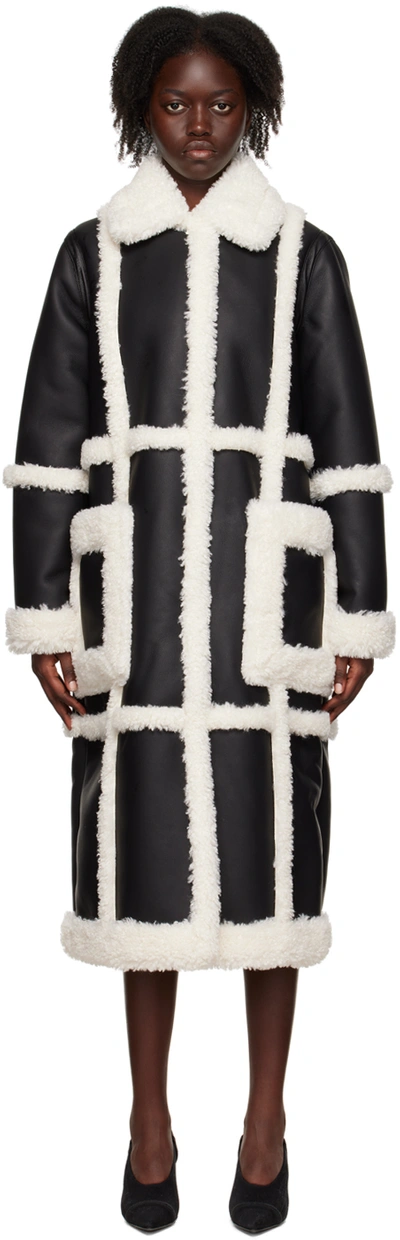 Stand Studio Black Patrice Faux-leather Coat In Black,off White