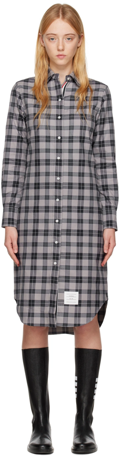Thom Browne Rwb Stripe Tartan Shirt Dress In Med Grey