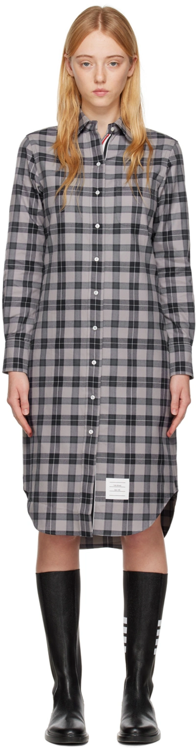 Thom Browne Rwb Stripe Tartan Shirt Dress In Grey