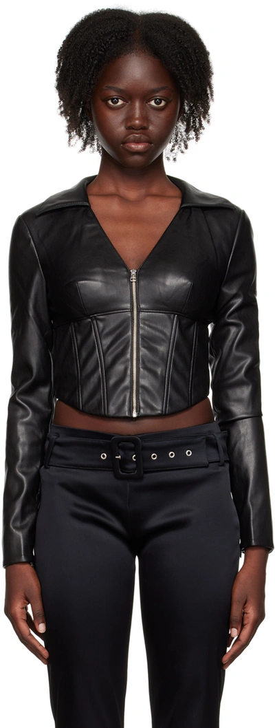 Staud Black Brushes Faux-leather Blouse