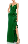 Ieena For Mac Duggal Ruffle Satin Trumpet Gown In Forest Green