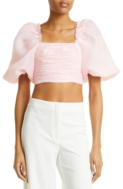 Aje Myriad Ruched Puff Sleeve Crop Organza Blouse In Rose Pink