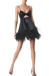 Alice And Olivia Necole Twist Front Feather Trim Mini Dress In Black
