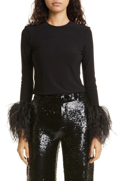 Alice And Olivia Delaina Feather Long-sleeve Crop Top In Black