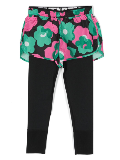 Stella Mccartney Kids' Floral-short Layered Sports Leggings In Black