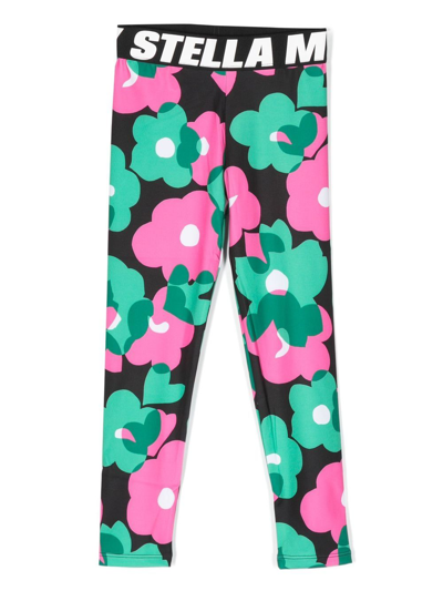 Stella Mccartney Kids' Floral-print Logo-waistband Leggings In Black/multicolor