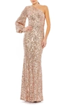 Mac Duggal Metallic One-shoulder Gown In Beige