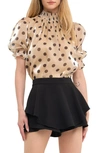 English Factory Polka Dot Puff Sleeve Satin Top In Beige/ Black
