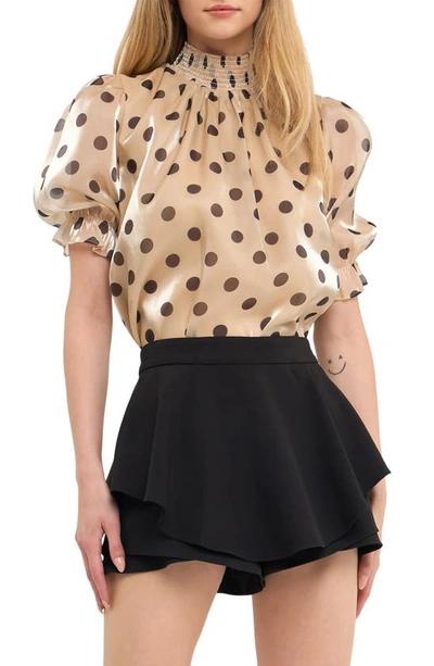 English Factory Polka Dot Puff Sleeve Satin Top In Beige/ Black