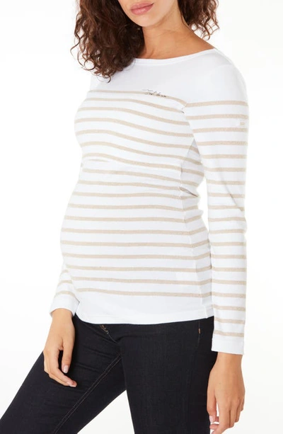 Cache Coeur Crozon Sailor Long Sleeve Organic Cotton Maternity Top In White/ Gold