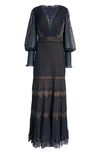 Tadashi Shoji Pintuck Detail Long Sleeve Gown In Navy