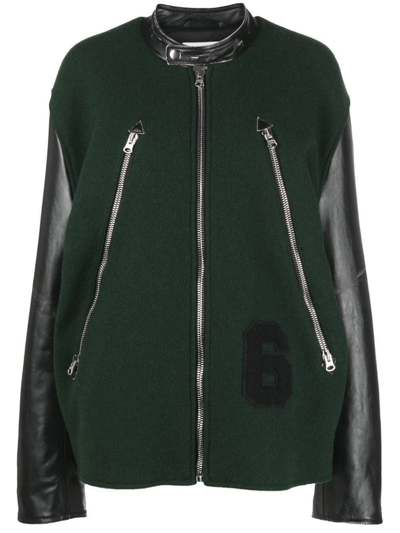 Mm6 Maison Margiela Zipper Detail Leather Collar Sleeve Varsity Biker Jacket In Green