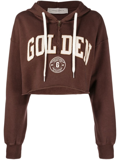 Golden Goose Logo Cropped Half-zip Cotton Hoodie In Brown