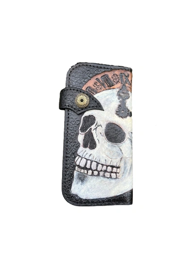 Pre-owned Polluxhandle Motorbike Skull Wallet Hand-tooled Wallet, Long Wallet, Natural Leather Wallet In Black