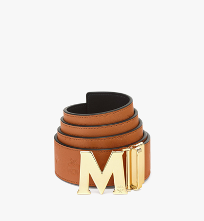 Mcm Claus M Reversible Belt 1.75" In Embossed Monogram Leather In Roasted Pecan / Gold