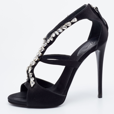 Pre-owned Giuseppe Zanotti Black Satin Crystal Embellished Strappy Sandals Size 37.5