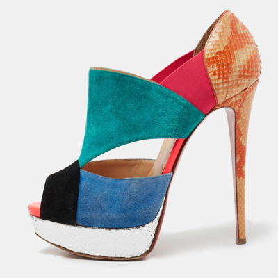 Pre-owned Christian Louboutin Multicolor Suede And Python Leather Pitou Cut Out Platform Pumps Size 40