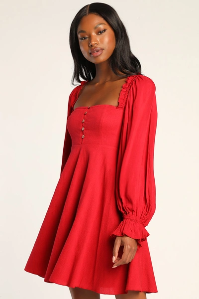 Lulus Make The Call Red Button-up Long Sleeve Mini Dress