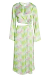 Topshop Pastel Watercolor Print Cutout Long Sleeve Satin Dress In Multi