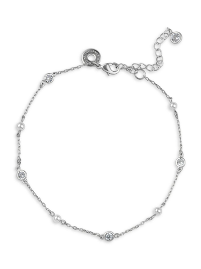 Cz By Kenneth Jay Lane Women's Look Of Real Rhodium Plated, 3mm White Round Mother-of-pearl & Cubic Zirconia Anklet