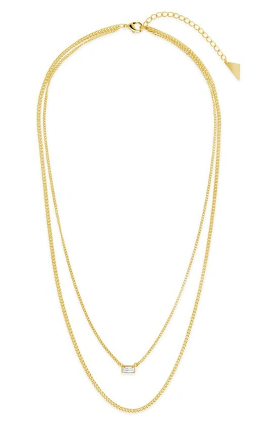Sterling Forever 14k Yellow Gold Plated Cubic Zirconia Baguette And Herringbone Layered Chain Necklace