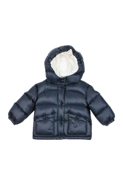 Moncler Babies' Bardanette Down Jacket In Real Goose Down With Integrated Hood And Elastic At The Bottom And On The  In Blu