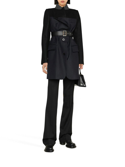 Sacai Belted Pinstriped Wool Blazer In Black