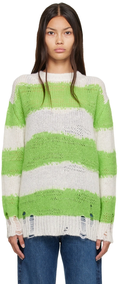 Acne Studios Green & White Distressed Sweater In White & Fluo Green