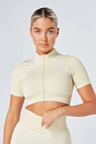 Twill Active Recycled Colour Block Zip-up Crop Top In White