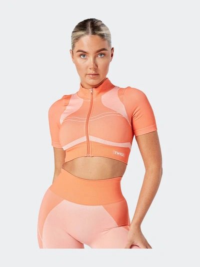 Twill Active Recycled Colour Block Zip-up Crop Top Coral In Orange