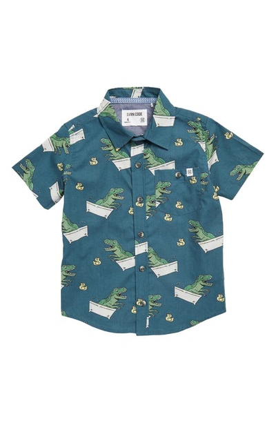 Sovereign Code Kids' Frenzy Bathtub Dinosaur Print Short Sleeve Button-up Shirt In Bath Time / Charcoal