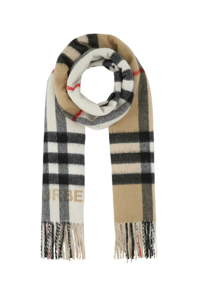 Burberry Checked Pattern Fringe Detailed Scarf In Beige