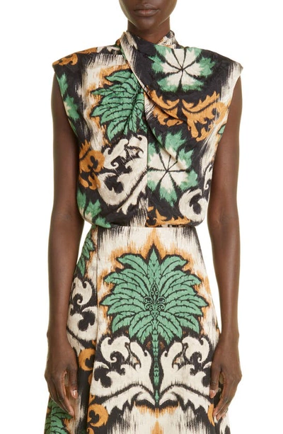 Johanna Ortiz Confluence Print Blouse In Ikat Black Ecru Basilic