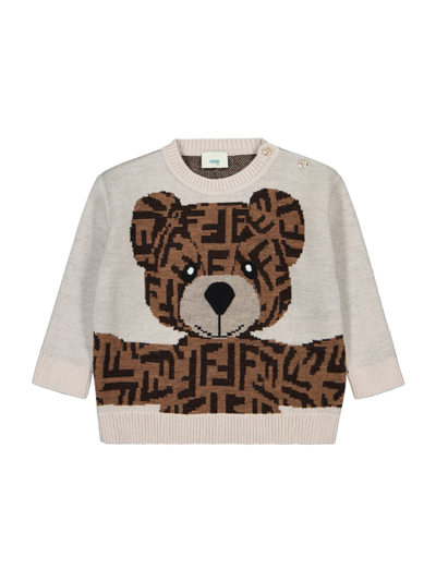 Fendi Beige Sweater For Baby Kids With Bear In White