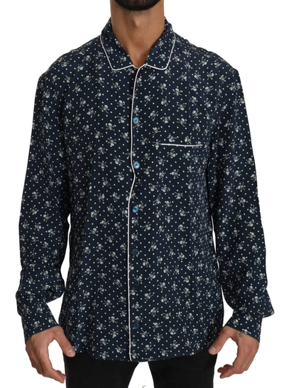 Dolce & Gabbana Blue Skull Print Silk Top Sleepwear Shirt