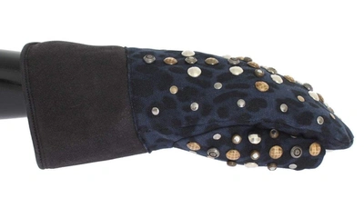 Dolce & Gabbana Grey Wool Shearling Studded Blue Leopard Gloves